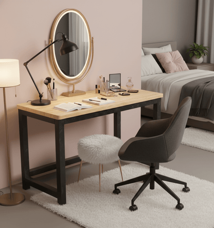 Modern bedroom with a make-up desk, chair, and mirror. That Couch Place