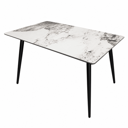 A rectangular dining table with a white marble-patterned top and slim black metal legs, shown against a plain white background.