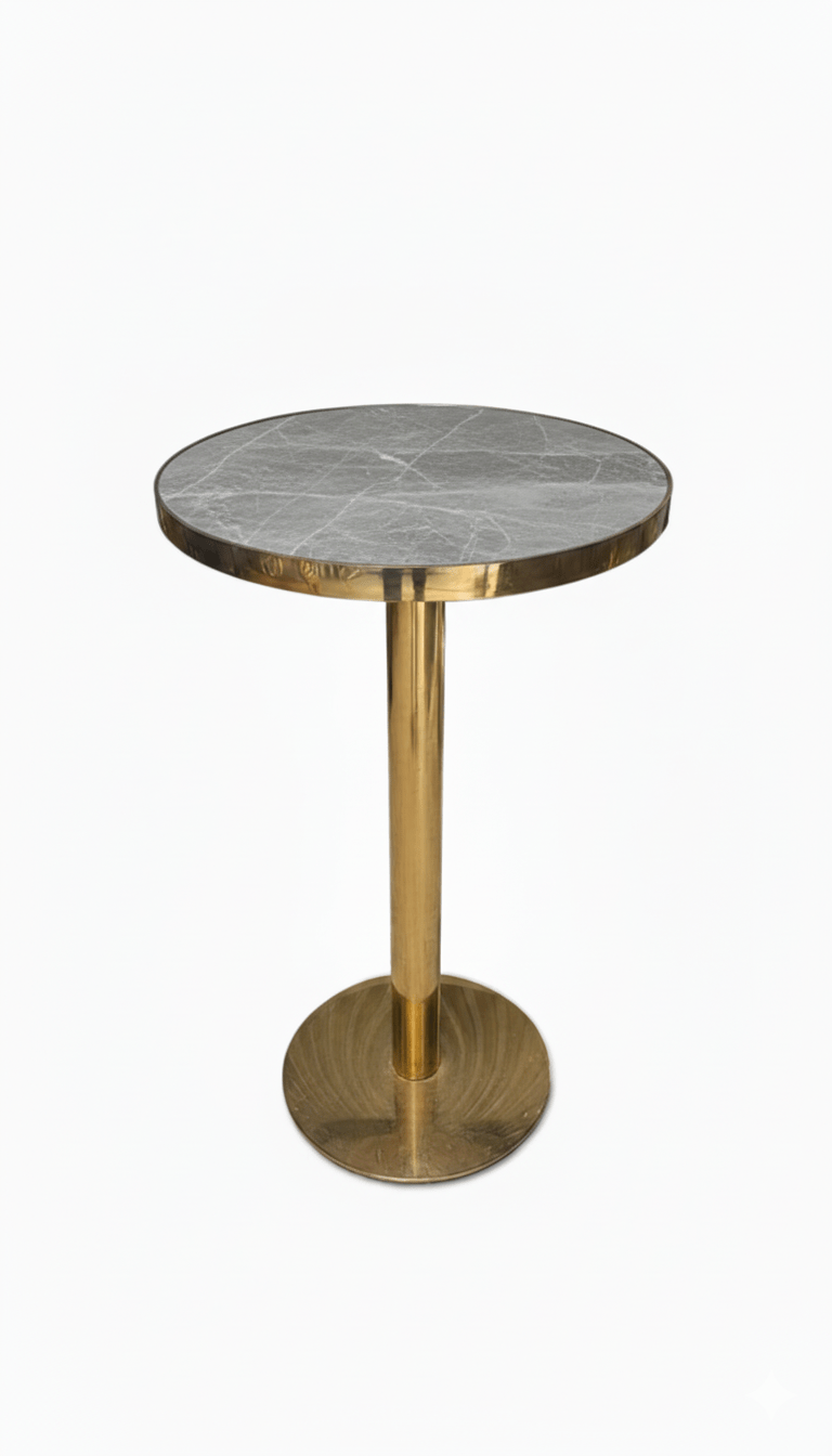 Small round table with marble top and gold base on a white background. That Couch place