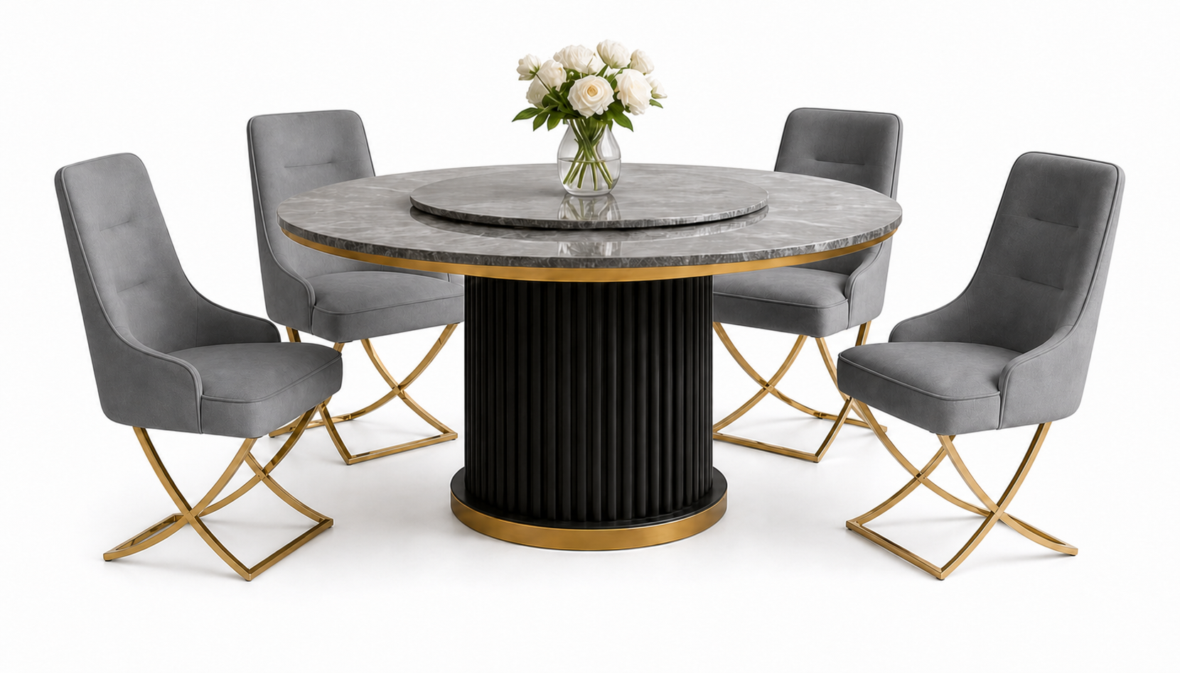 A round dining table set with a gray marble top, black fluted pedestal base with gold trim, and four gray upholstered chairs with gold-tone crossed legs, shown on a white background with a vase of white flowers on top.