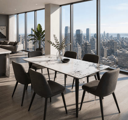 A modern dining room setup featuring a rectangular white marble-top dining table with black metal legs, surrounded by six dark gray upholstered chairs. The room is set in a high-rise apartment with a panoramic city skyline visible through the floor-to-ceiling windows.