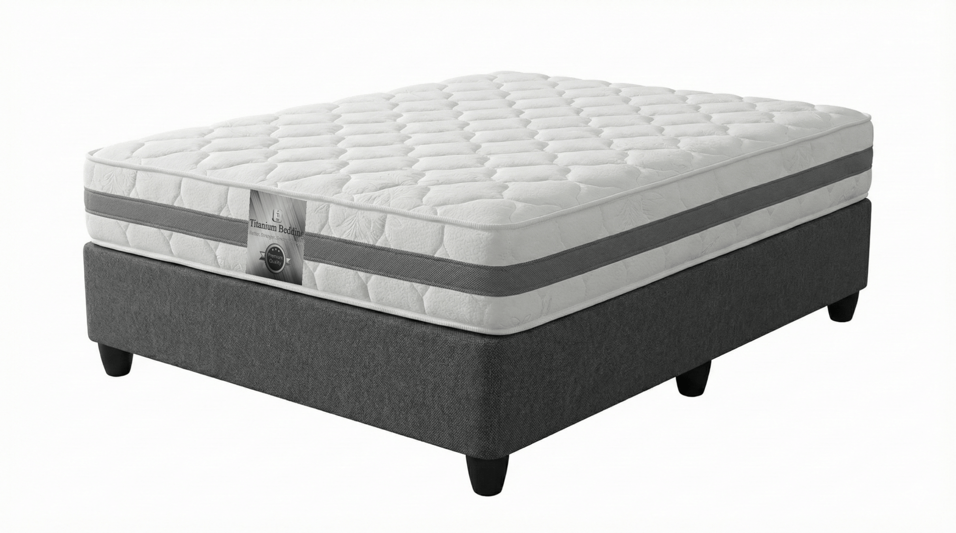 Luxury soft touch mattress and base set on white back ground with titanium bedding branding label.