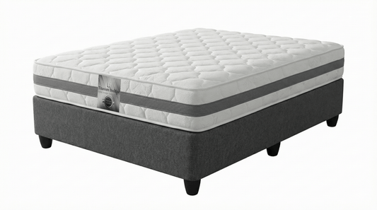 Luxury soft touch mattress and base set on white back ground with titanium bedding branding label.