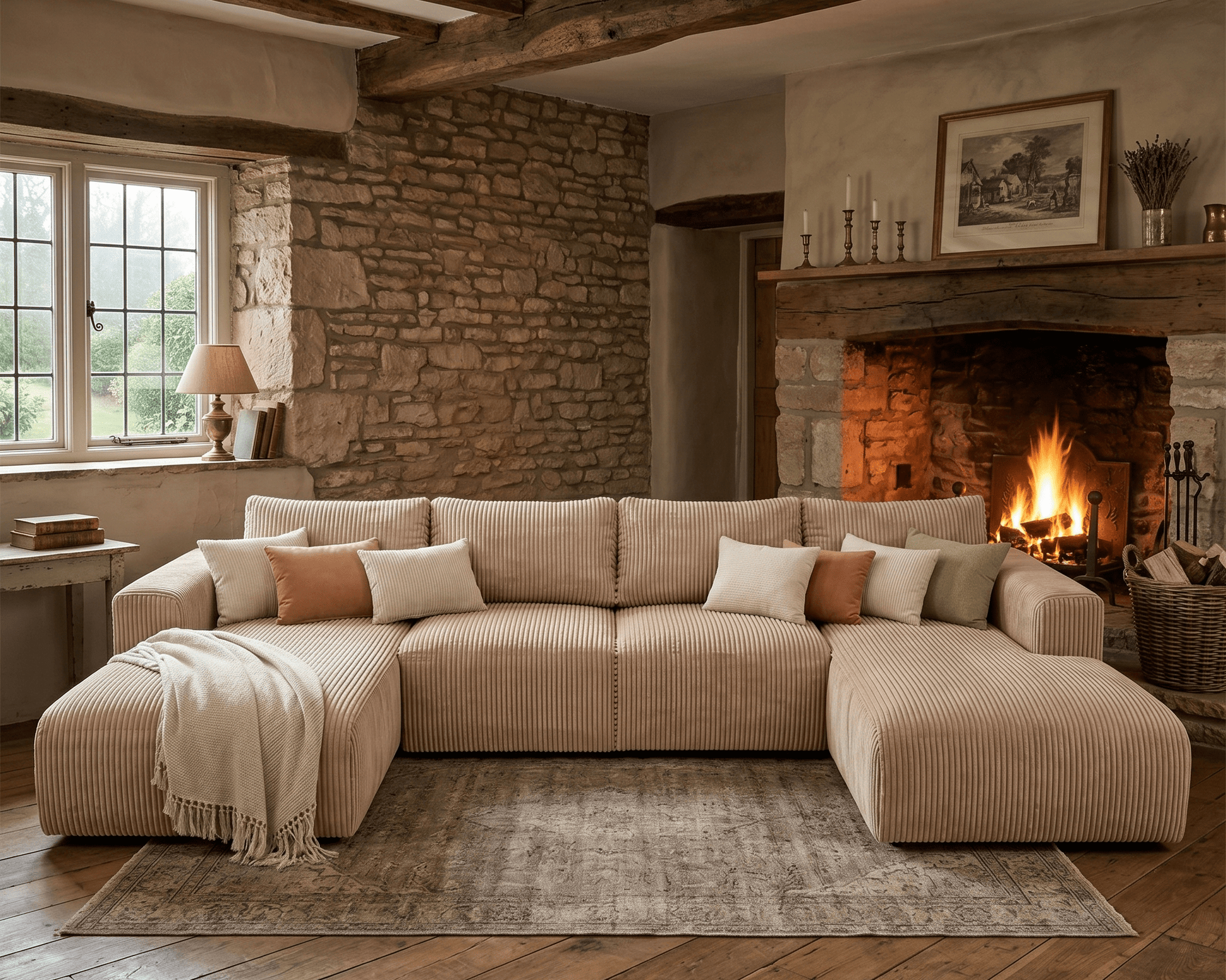 Cozy living room with a beige sectional sofa, stone wall, and fireplace.