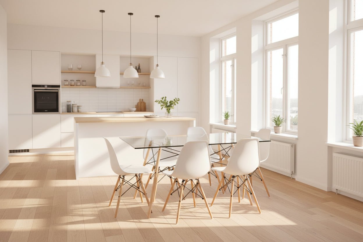 Clear glass dining table with white chairs on a light gray background