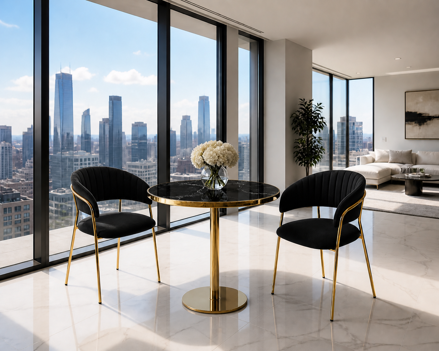 A modern round black marble-top dining table with a gold pedestal base, flanked by two black upholstered chairs with gold legs, set in a bright contemporary apartment with floor-to-ceiling windows overlooking a city skyline.