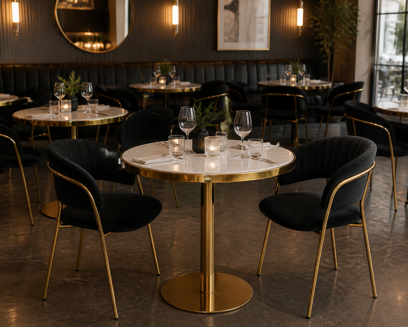 A modern round dining table with a white marble top and gold pedestal base, surrounded by black velvet chairs with gold metal frames in a stylishly decorated restaurant setting.
