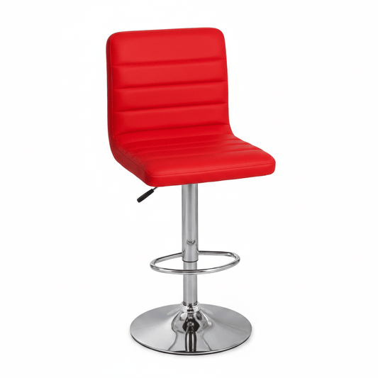 A modern counter height bar stool with a bright red padded seat and a chrome-plated metal base.