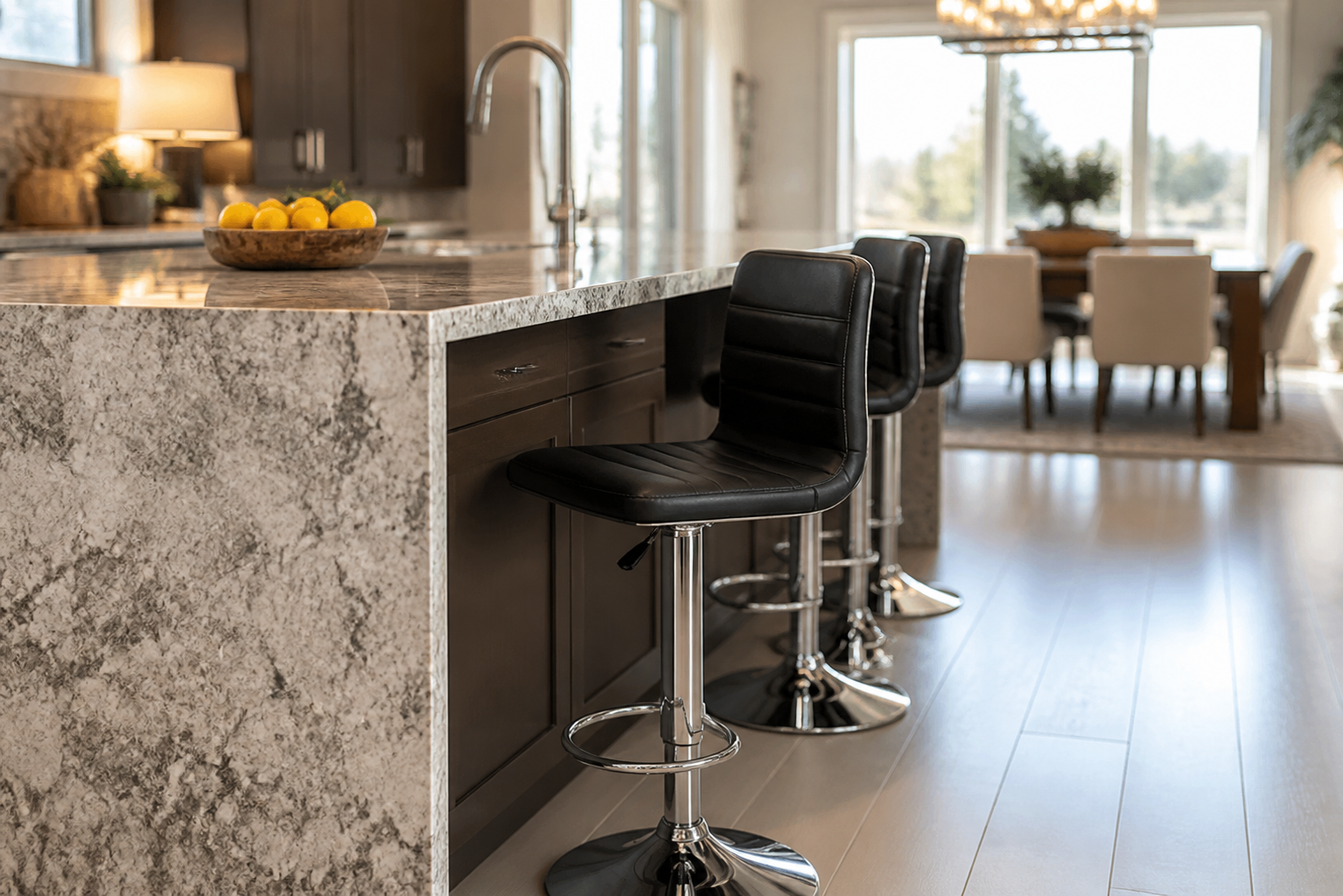 A modern kitchen island with a gray and white marbled stone countertop, dark wood cabinetry, and three black leather swivel bar stools with chrome bases, set in a bright, contemporary dining area.
