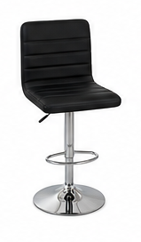 A modern counter-height bar stool with a black padded seat, horizontal channel detailing, and a chrome adjustable pedestal base with a footrest ring.