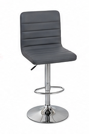 A modern bar stool with a dark gray padded seat and backrest, supported by a chrome metal pedestal base and footrest, shown against a plain white background.