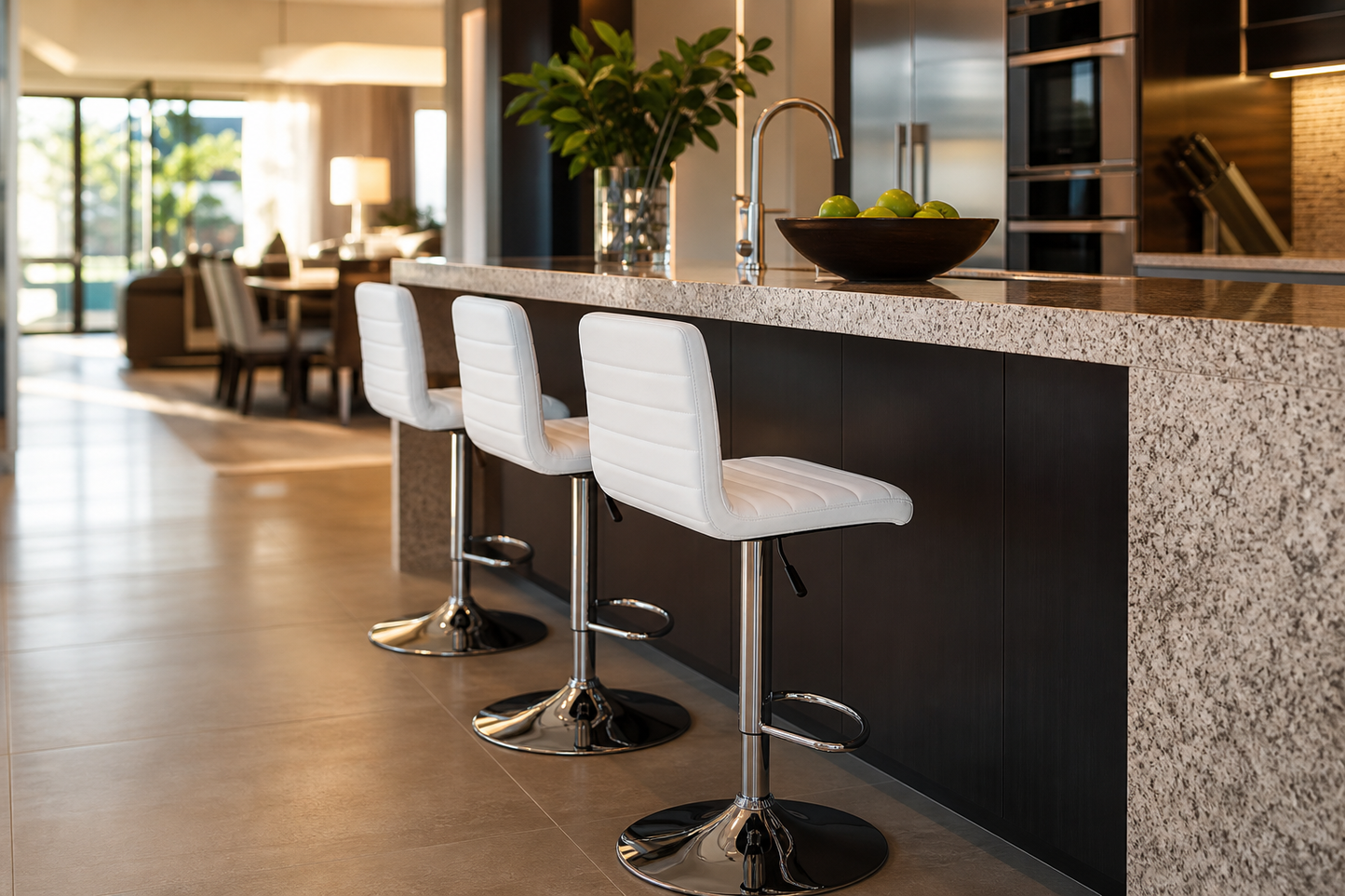 Three white upholstered bar stools with chrome bases lined up at a kitchen island with a speckled stone countertop in a modern kitchen setting.