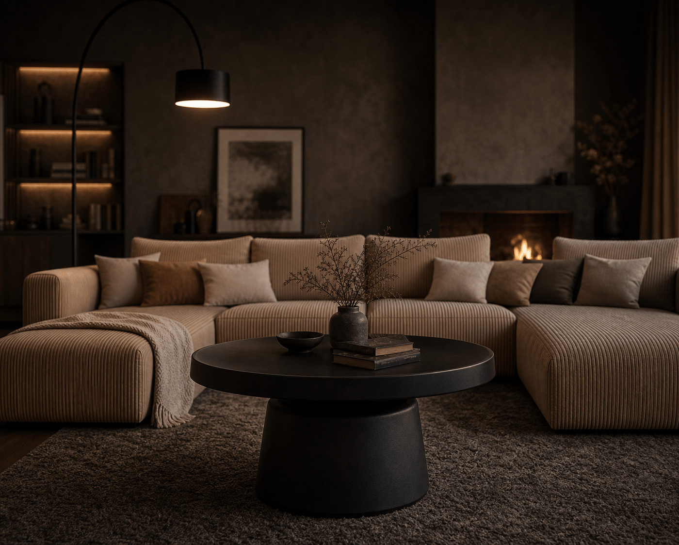 A modern living room featuring a large beige corduroy sectional sofa with matching throw pillows, a round black coffee table in the foreground, a dark textured rug, a floor lamp, and a fireplace in the background.