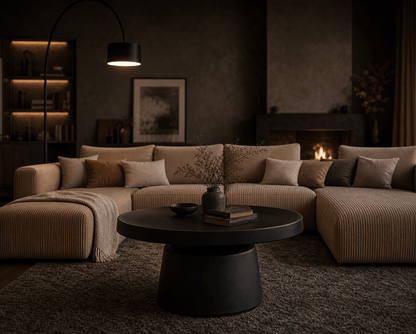 A modern living room featuring a large beige corduroy sectional sofa with matching throw pillows, a round black coffee table in the foreground, a dark textured rug, a floor lamp, and a fireplace in the background.