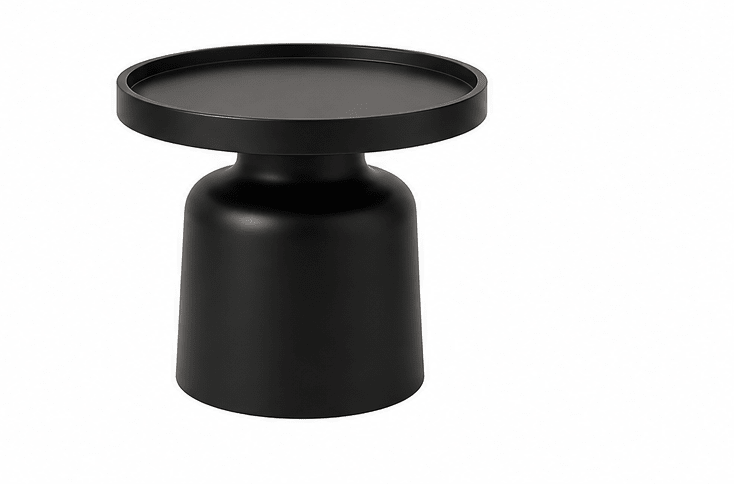 A modern black side table with a wide circular tray top and a cylindrical pedestal base, shown on a plain white background.