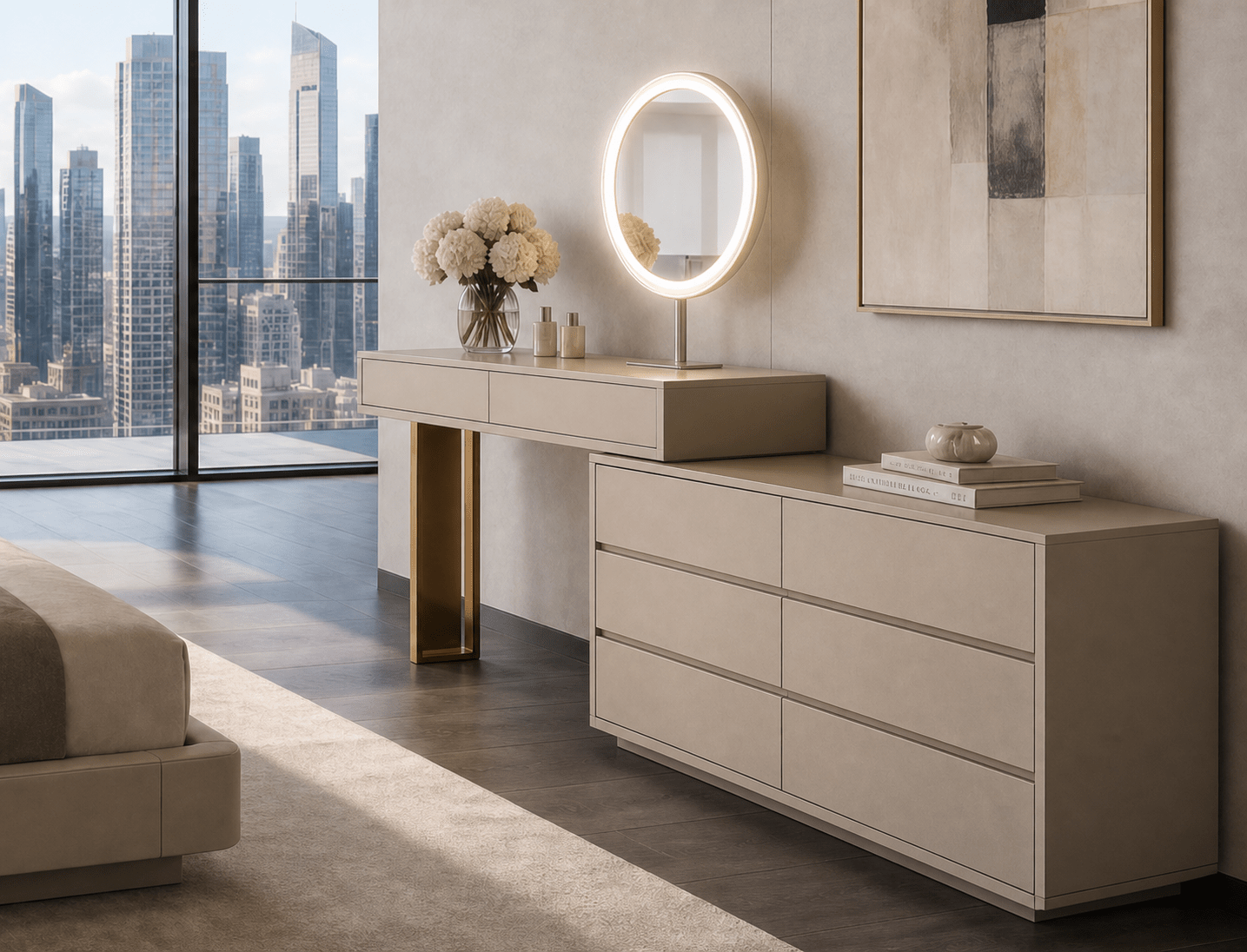 A modern beige bedroom furniture set featuring a long vanity table with a built-in illuminated oval mirror and a matching six-drawer dresser, styled in a luxury loft with a city skyline view.