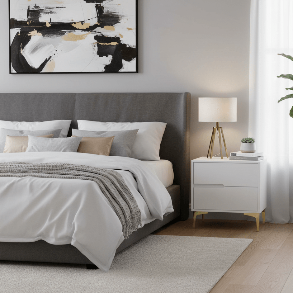 Modern bedroom with a bed, nightstand, lamp, and abstract art on the wall. That Couch Place