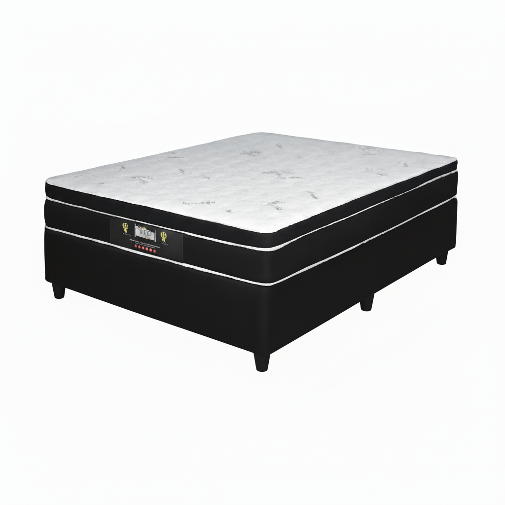 Bamboo Pillow Top Mattress with black frame on a white background. That Couch Place
