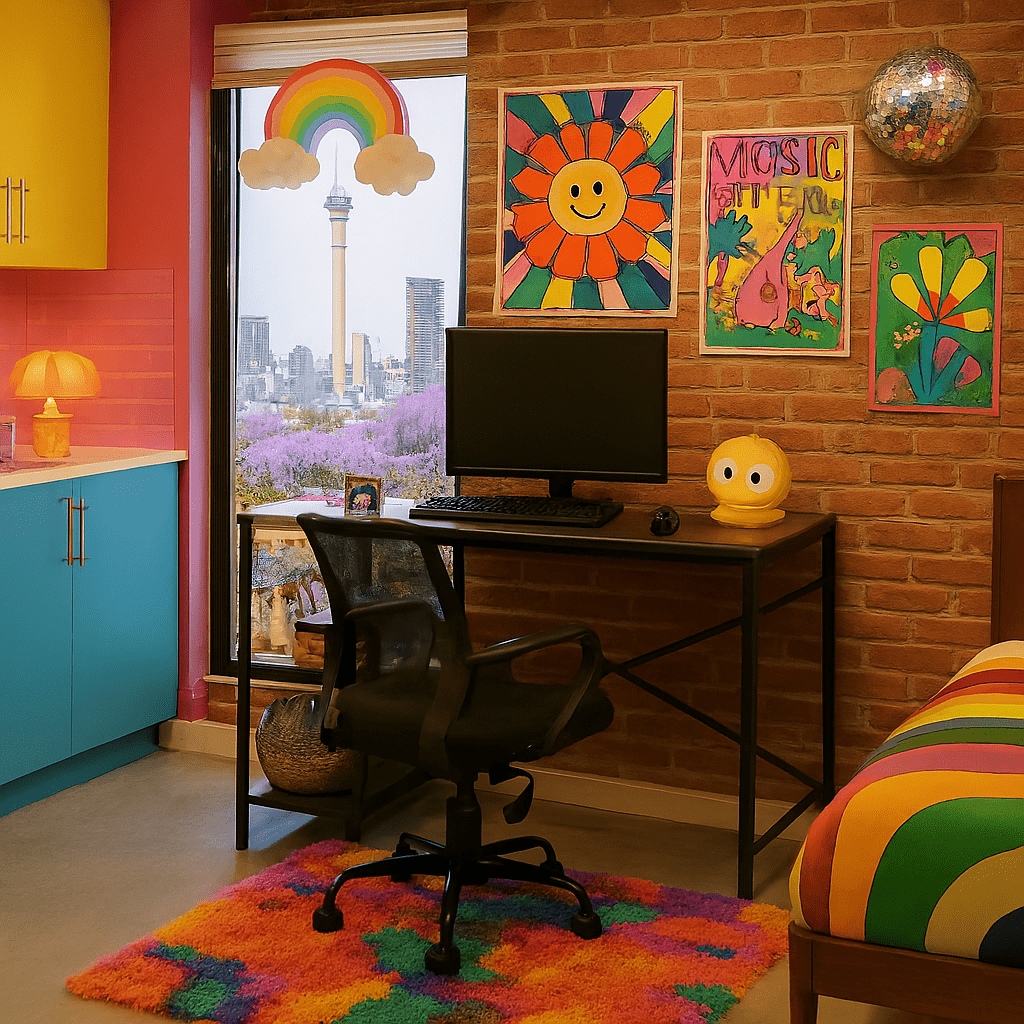 Colorful office space with a desk, chair, and wall art. That Couch Place
