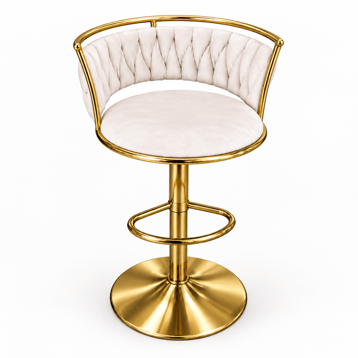 A modern swivel bar stool with a tufted cream velvet seat and backrest, supported by a polished gold-finished metal frame and circular pedestal base.