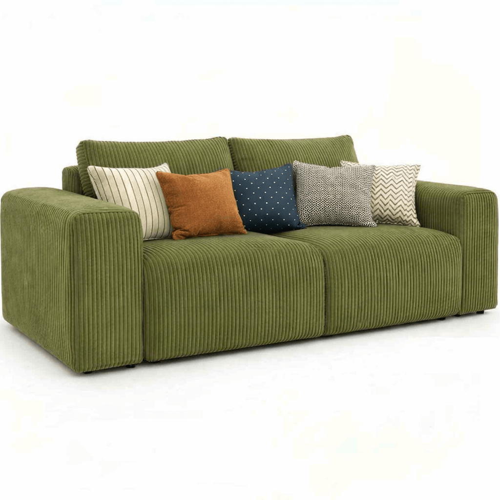 Green 2 seater soft corduroy sofa with colorful cushions on a white background