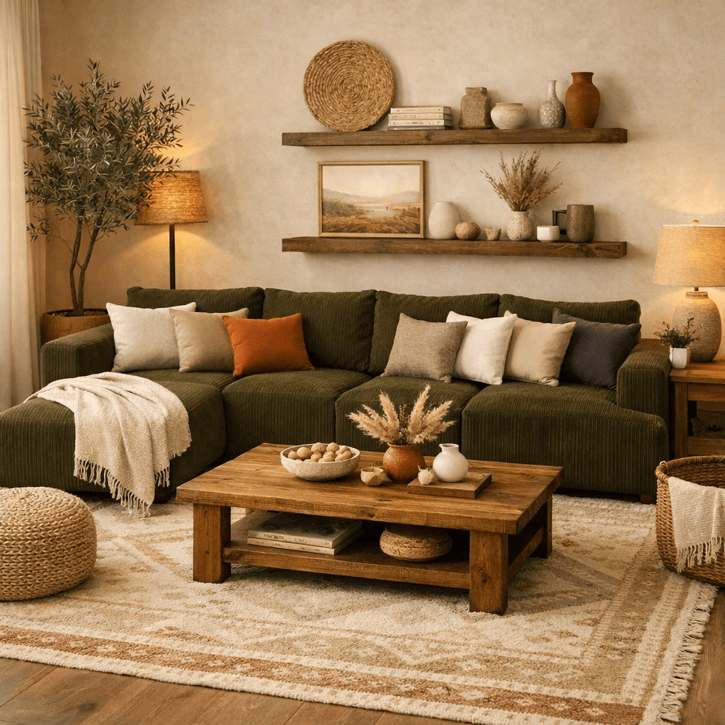 Cozy living room with a Olive Green corduroy L shape sectional sofa, wooden coffee table, and decorative shelves.