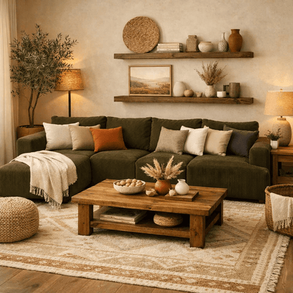 Cozy living room with a Olive Green corduroy L shape sectional sofa, wooden coffee table, and decorative shelves.