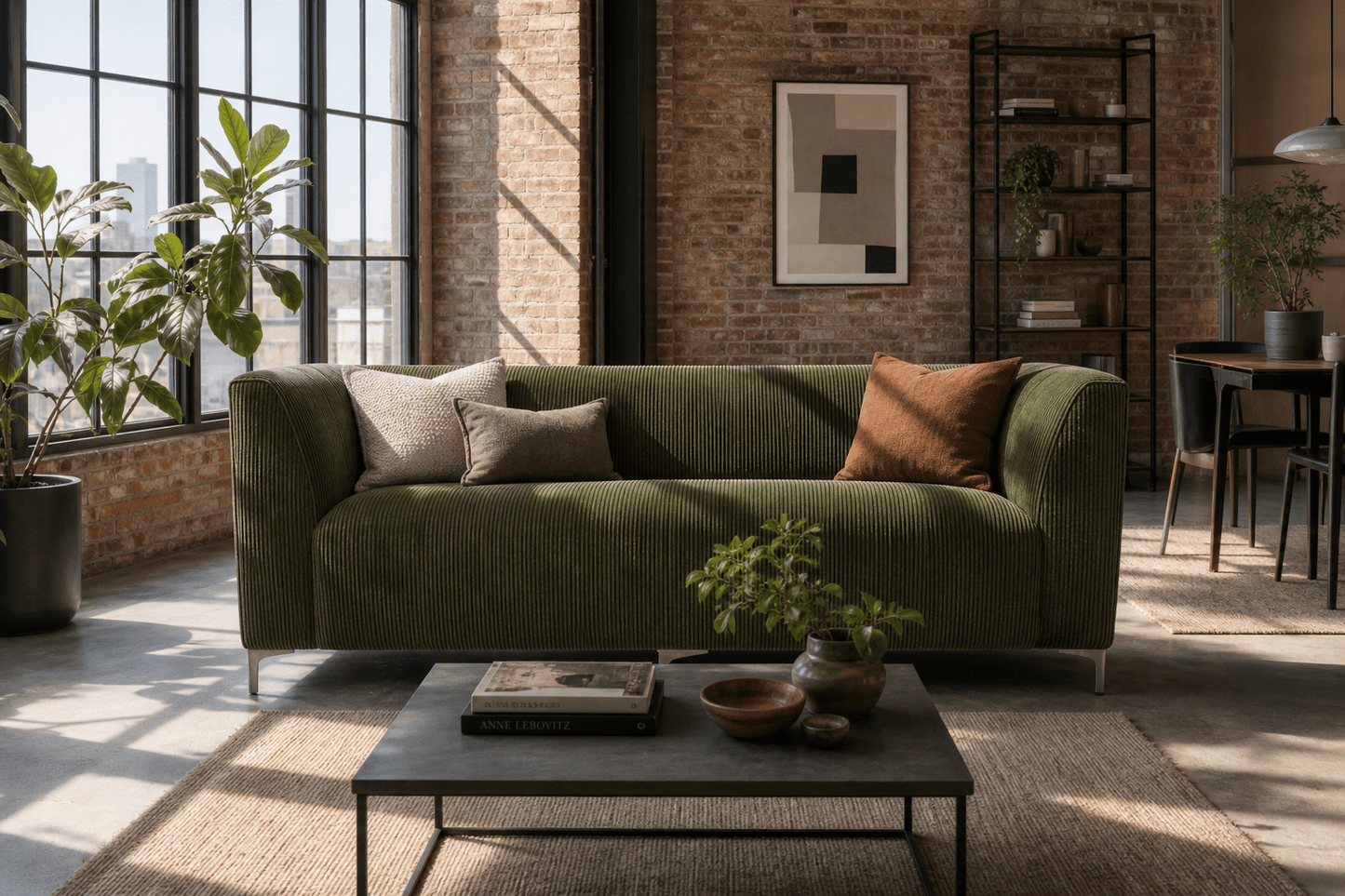 Green sofa in a modern living room with brick walls and large windows.