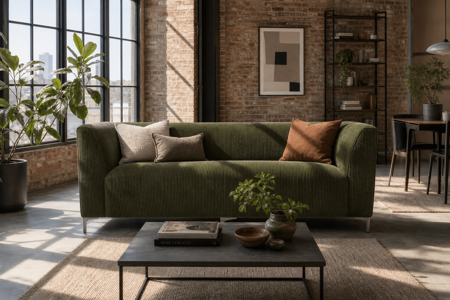 Green sofa in a modern living room with brick walls and large windows.