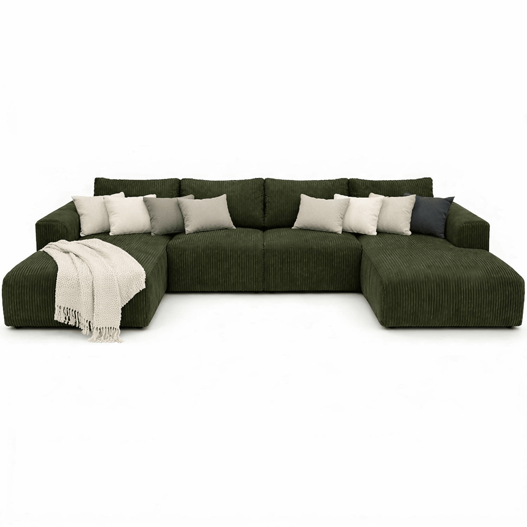 Olive Green corduroy u shape sectional sofa with cushions on a white background