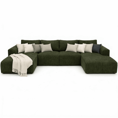 Olive Green corduroy u shape sectional sofa with cushions on a white background