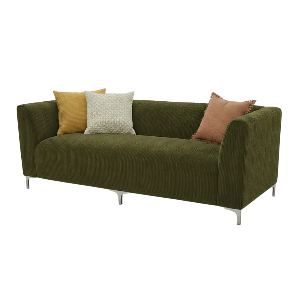 Green sofa with a textured fabric on a white background