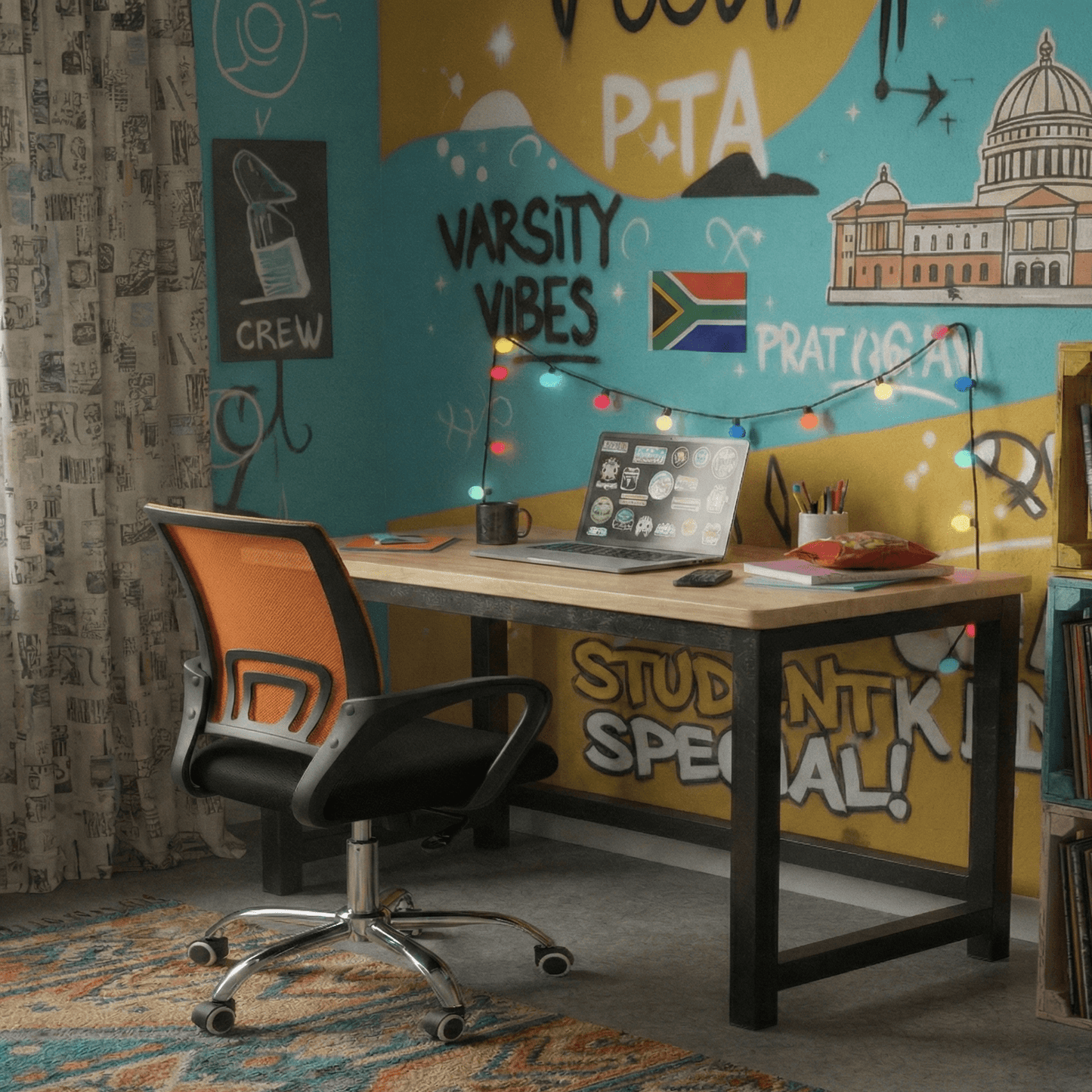 Modern office setup with a desk, chair, and colorful wall art. That Couch Place
