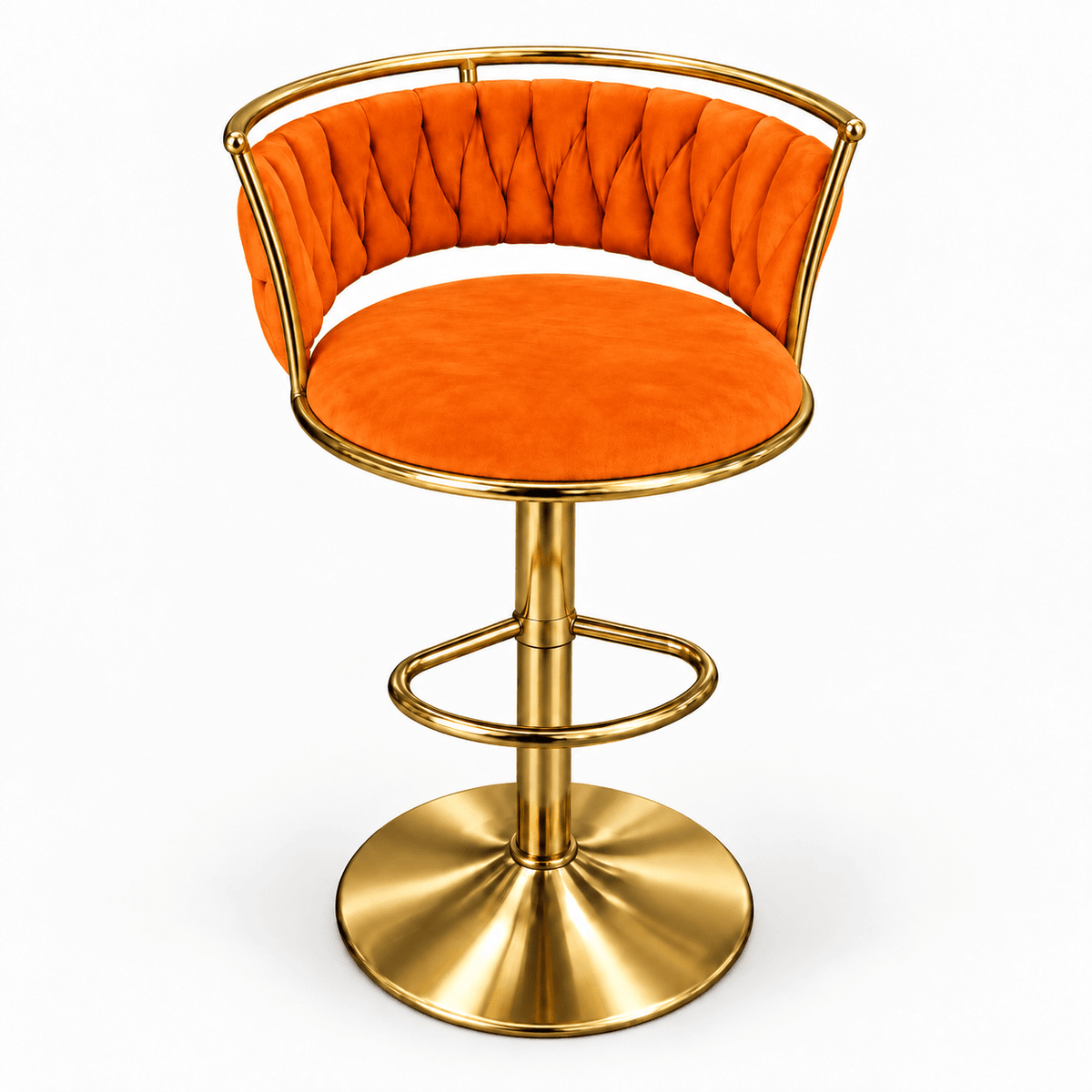 An orange velvet swivel bar stool with a polished gold metal frame, curved backrest, and round pedestal base, shown on a plain white background.