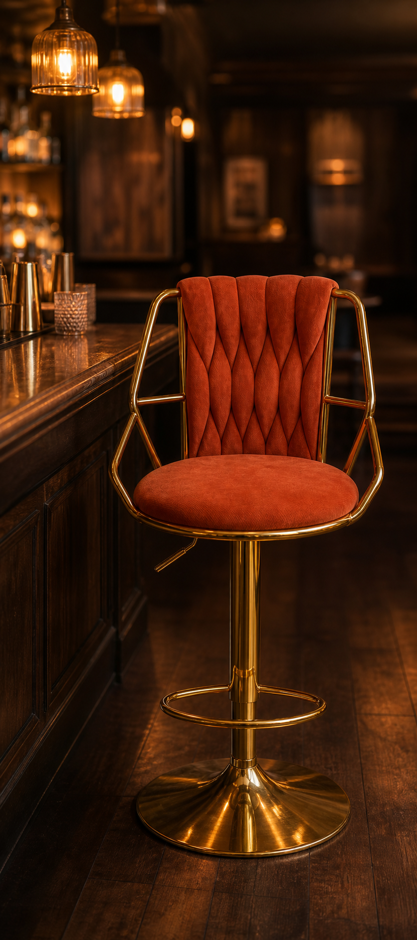 A modern bar stool with a tufted orange velvet seat and backrest, supported by a polished gold metal frame and swivel base, set in a dimly lit bar environment.