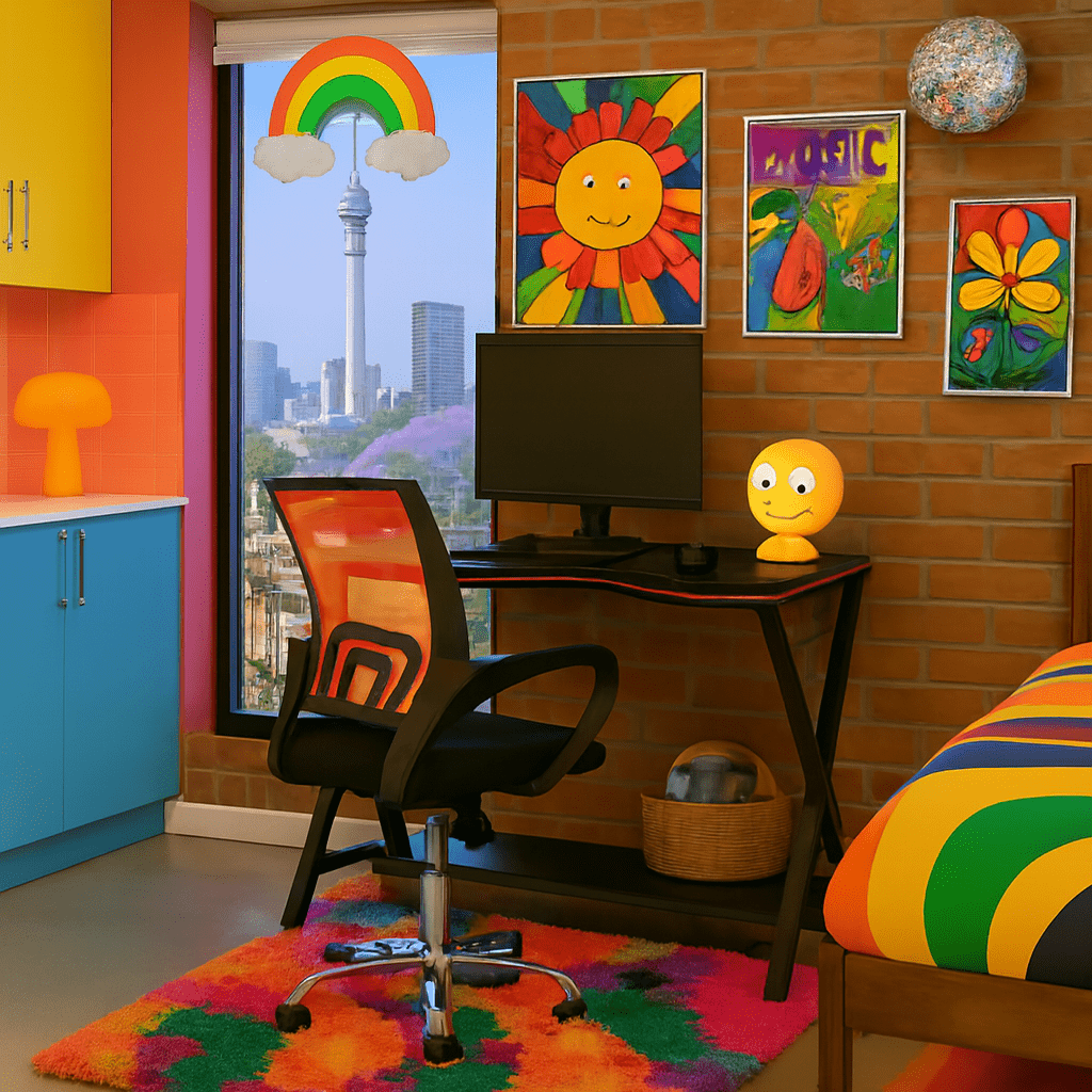 Colorful room with a desk, chair, and various artworks on the wall. That Couch Place