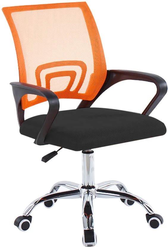 Office chair with orange mesh backrest and black seat on a white background