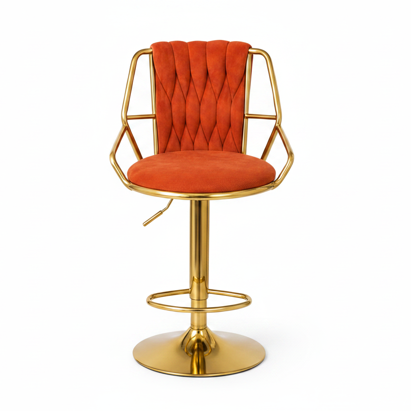 A modern bar stool with a tufted orange velvet seat and backrest, supported by a polished gold-finished metal frame and swivel base.
