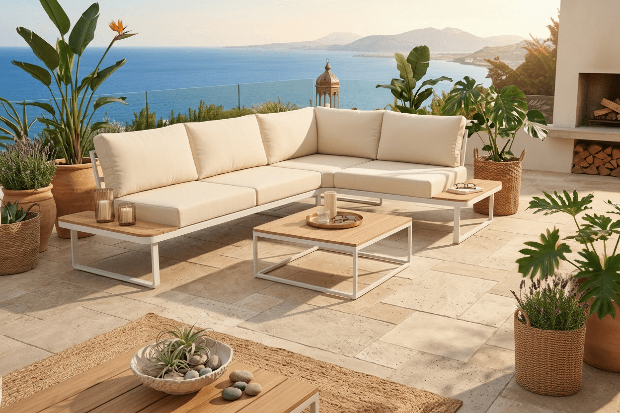Outdoor patio with beige sectional sofa, coffee tables, and potted plants overlooking a scenic ocean view.