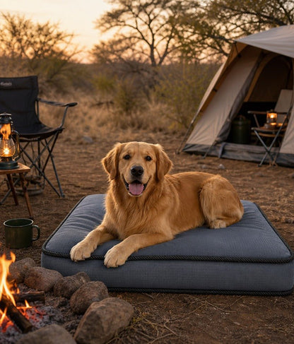 Dog lying on a camping bed next to a campfire with a tent in the background
