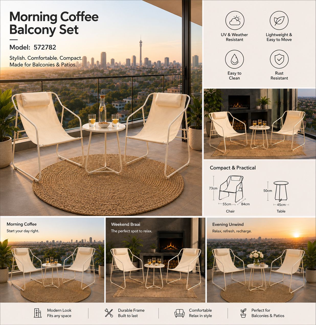 Morning Coffee Balcony Set with chairs, table, and cityscape view on balcony.