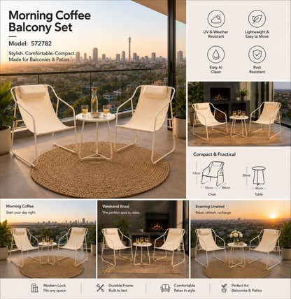 Morning Coffee Balcony Set with chairs, table, and cityscape view on balcony.