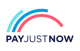 Logo of 'PayJustNow' with blue and pink curved lines on a white background