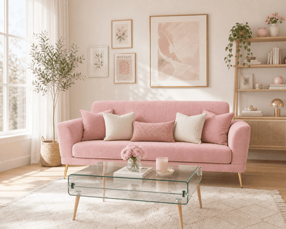 Pink sofa in a living room with a glass coffee table and decorative elements.