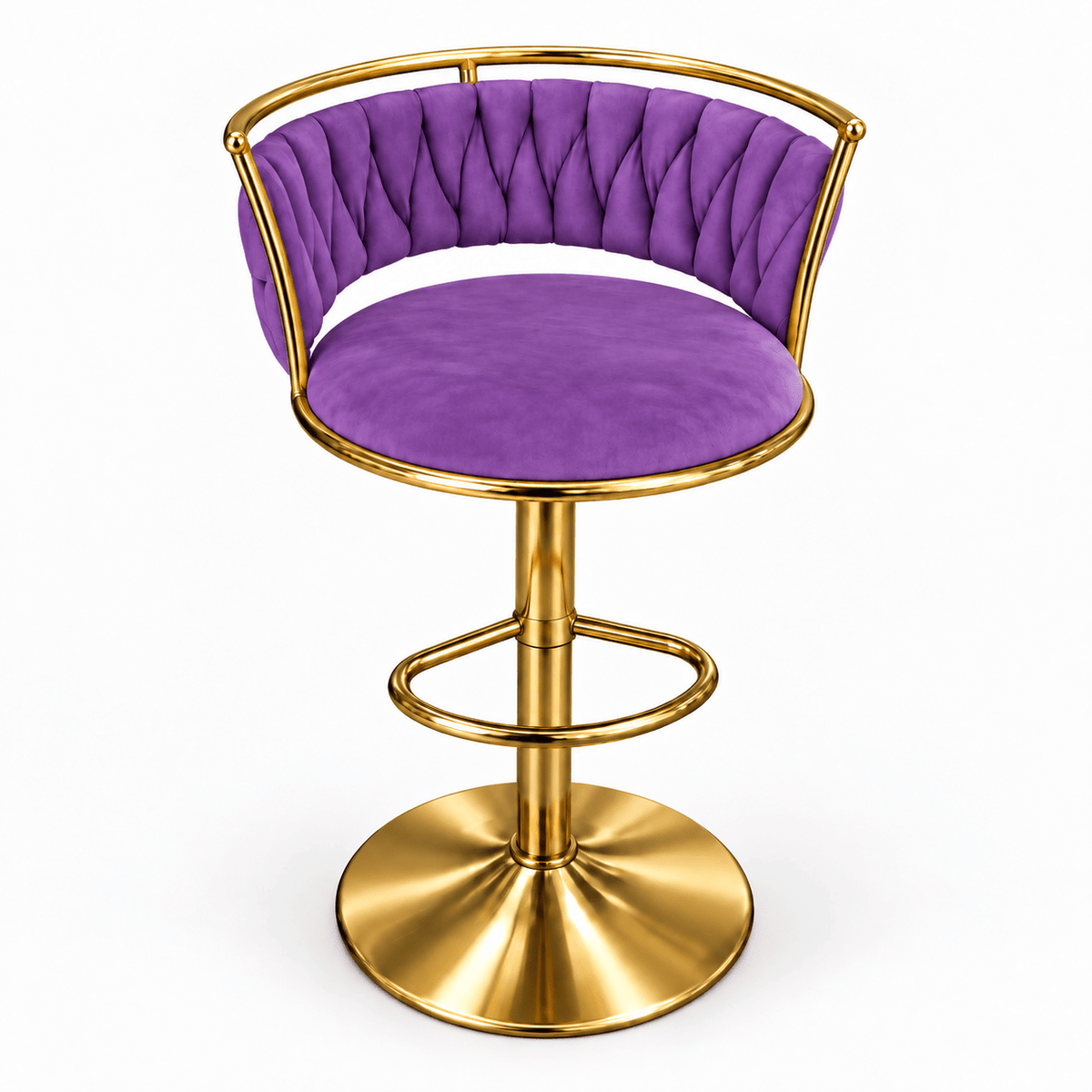 A modern bar stool with a tufted purple velvet seat and backrest, supported by a polished gold-finished metal frame and circular pedestal base, shown on a plain white background.