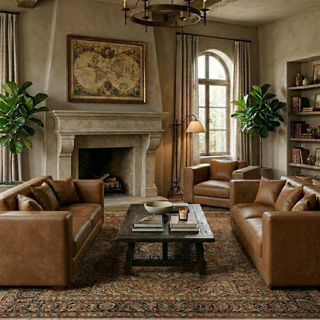 Cozy living room with brown leather sofas, a fireplace, and decorative elements.