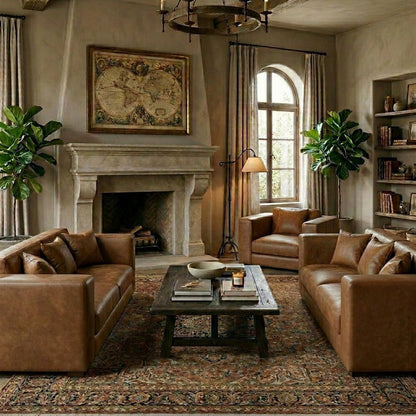 Cozy living room with brown leather sofas, a fireplace, and decorative elements.