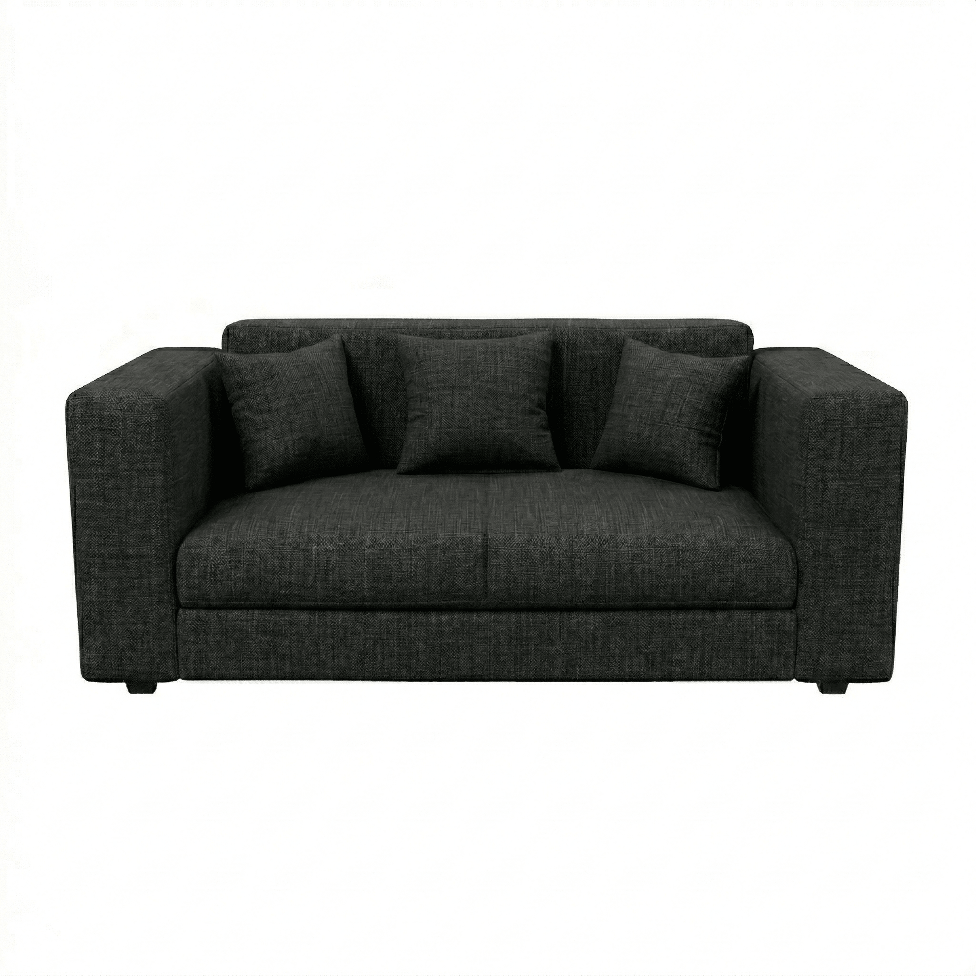 Dark gray sofa with three cushions on a white background
