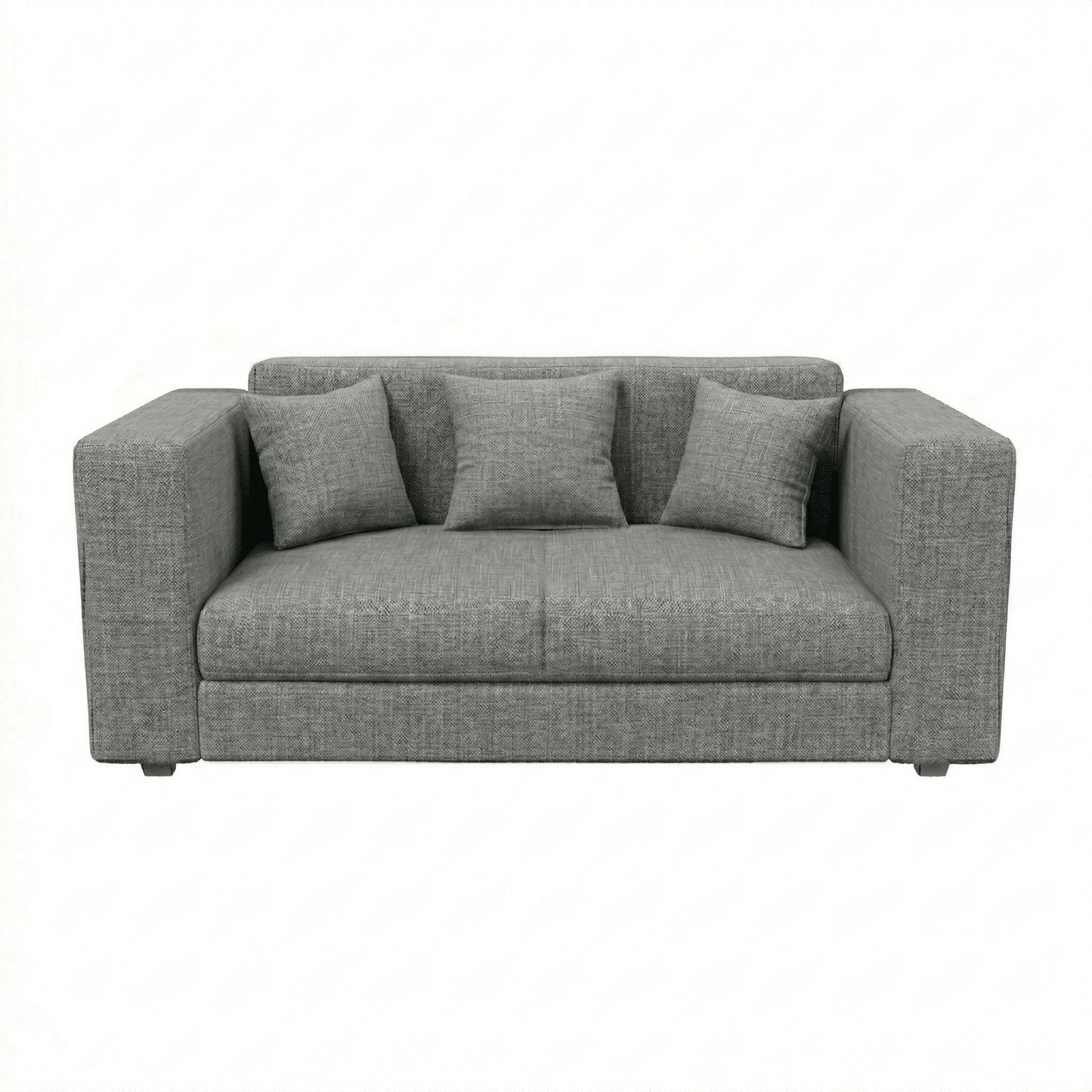 Gray sofa with three cushions on a white background