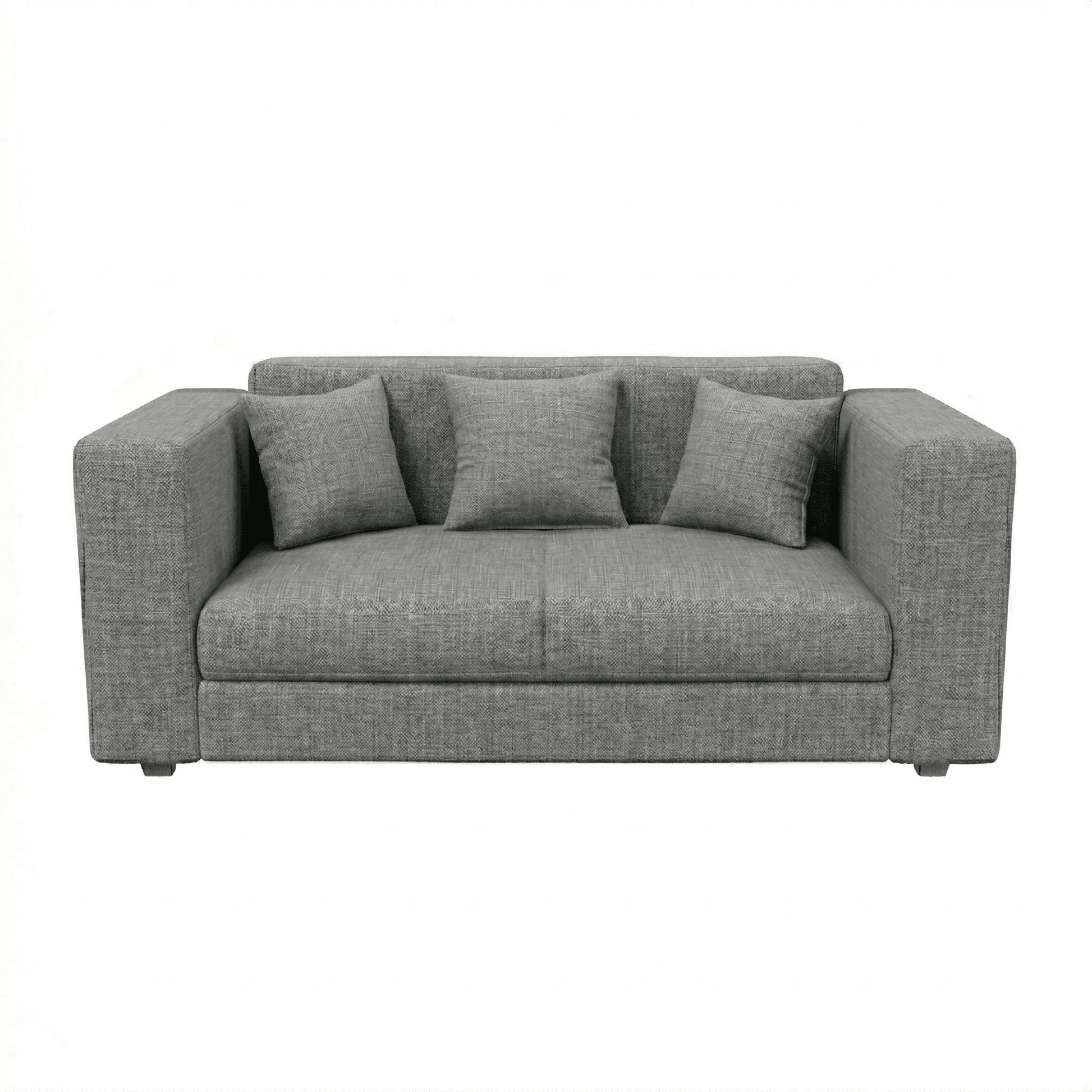 Gray sofa with three cushions on a white background